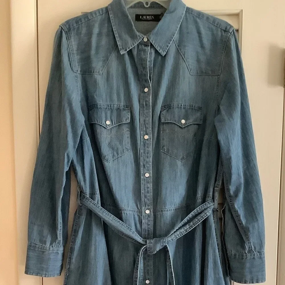 LAUREN RALPH LAUREN BLUE WASH DENIM BUTTON DOWN COTTON SHIRTDRESS SIZE U…